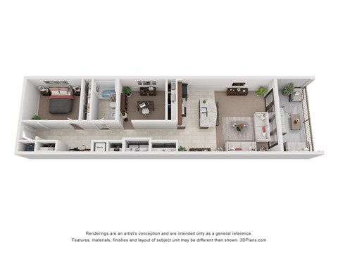 a stylized 3d floor plan of a 1 bedroom apartment